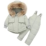 LCIGIA Baby Kinder Schneeanzug Jungen Skianzug Mädchen Daunenjacke Winterjacke mit Abnehmbarem Pelzkragen Winddichte Kinderjacke mit Kordelzug Zweiteilige Ski Jacke + Schneehose, Grün, 86-92