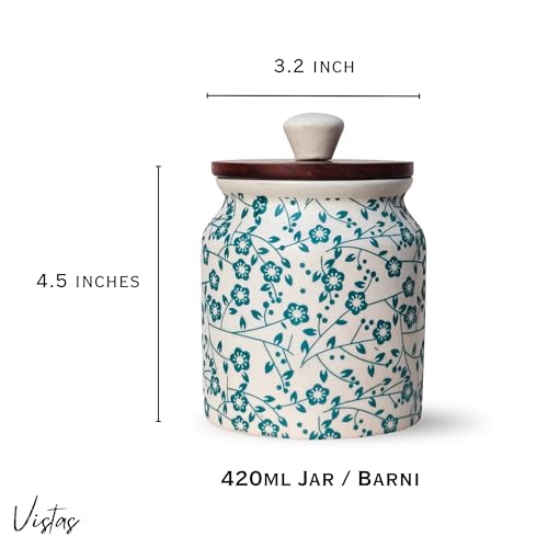 Image of Vistas 'Heritage Green' Airtight 420ml Set of 1 Ceramic Jar for Kitchen Storage | Handcrafted Ceramic Barni with Wooden Lid | Multipurpose Pickle, Spice & Salt Container