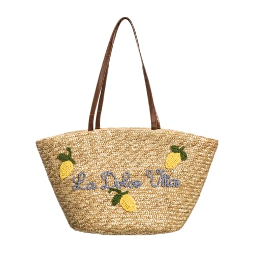 Sac en paille avec broderie citrons idéal pour vos journées à la plage et au marché