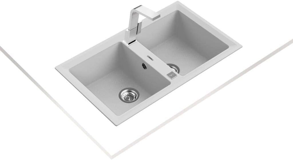 Teka 115260012 Kitchen Sink Made of Granite (Tegranite) with a Double Bowl Stone 90 B-TG-white-115260012, White