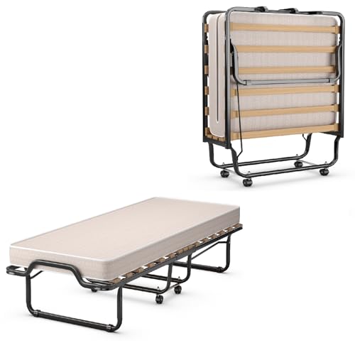 COSTWAY Cama Plegable con Colchón 80X200 cm, Cama Supletoria Plegable con Ruedas, Cama Individual de Invitados con Marco Metálico Resistente y Colchón de Espuma Salón (Beige)