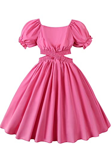 WDIRARA Girl's Square Neck Cut Out Waist Puff Short Sleeve Shirred A Line Dress