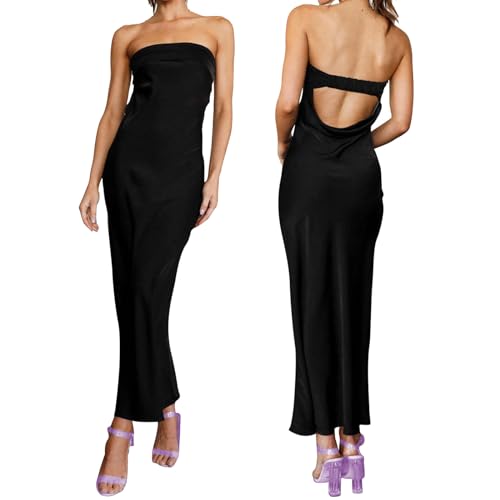 Women's Sexy Satin Tube Maxi Dress Elegant Silk Strapless Open Back Party Cocktail Wedding Guest Formal Long Dresses