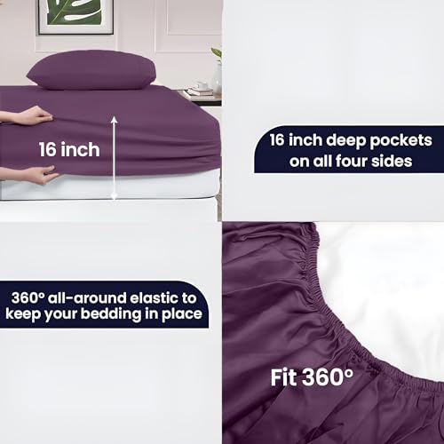 Image of SGI bedding 100% Egyptian Cotton Sheets RV King Size - 600 Thread Count Sheets Set, Soft, Cooling, 16 inch Deep Pocket, Luxury Hotel Bedding, Breathable, Durable - Plum