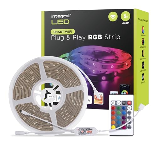 Integral 5m RGB LED Strip Light, Colour Changing, Dimmable, Music Sync - Tuya WiFi Smart App & Remote Control, Plug & Play with UK Plug - for Bedroom, Living Room, Office, Kitchen and More