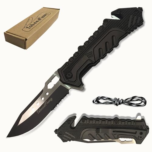 TobeedFnuuy Navaja Plegable | Navaja de Bolsillo | 3 en 1-Multifunción Cuchillo Supervivencia, Cuchillo Plegable para Exteriores Camping, Rompevidrio y Cutter, Regalos para Hombres
