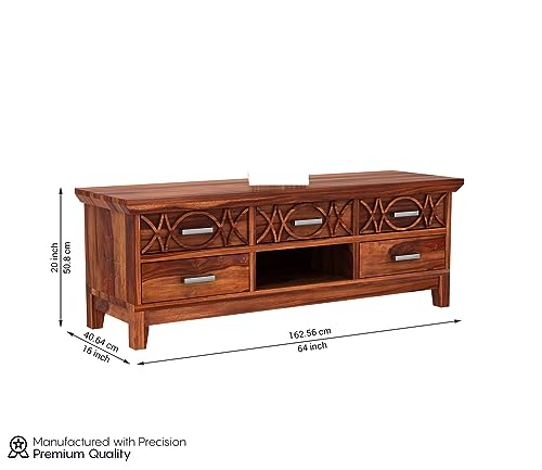 Image of Rustic Solid Sheesham Wood TV Unit Chest of Drawers for Living Room - 5 Drawers and 1 Shelf Storage - Accommodates up to 65-Inch TV (Jace, Honey Finish)