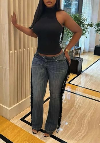 Women's High Waisted Bell Bottom Jeans Tassels Distressed Flared Stretchy Y2K Denim Pants Streetwear2