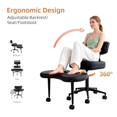 Image of DUMOS Ergonomic ADHD Cross Legged Office Desk Chair with Adjustable Backrest, Height Adjustbale Meditation Chair with 360 Swivel Footstool, PU Leather Yoga Stool for Home Office, Black