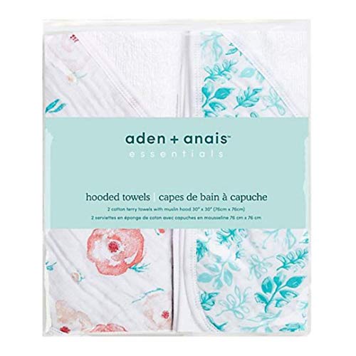 Image of aden + anais Baby Hooded Towel|100% Terry Cotton Soft Baby Bath Towel for Kids, Toddlers, Infants| Newborn Girl and Boy Baby Wrap Towel, 2 Pack, Full Bloom
