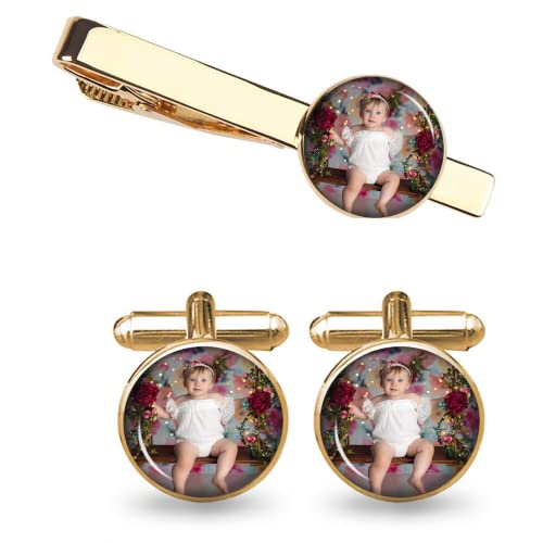 Personalized Cufflinks and Tie Clip Set with Photo/Letter/Initials, Custom Cuff Links and Tie Bar for Men with Gift Box for Wedding, Groomsmen, Husband, Father