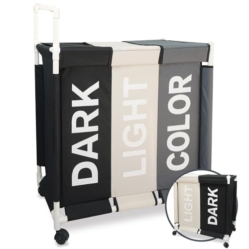 Cesto Ropa Sucia para la Colada Cesta con Tapa Carro Compartimentos Laundry Basket Organizador Cubo Mueble Ropa Limpia Clara Oscura Juguetes Cesto de Lavandería con Ruedas (3 Compartimentos con Mango)