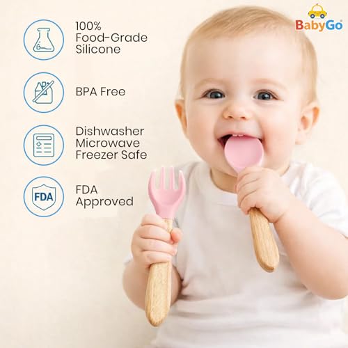 Image of BabyGo Silicone Suction Plate with Spoon for Babies | Microwave, Dishwasher & Freezer Safe | Unbreakable Feeding Plate with 4 Suction Cups for Babies & Toddlers | BPA-Free (Pink)