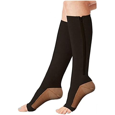 Bcurb Zip Compression Socks Supports Zipper Zippered Leg Stockings Open Toe Helps Foot Feet Knee Ankle Arch Pain Ache Relief (1PrZipSxCuBlkSmMed) Cover