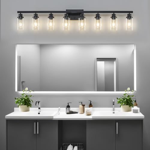 Image of 8 Light Bathroom Vanity Lights Over Mirror, 52inch Black Vanity Lights Fixtures Matte Black Modern Vanity Lights Black Bathroom Wall Lighting for Mirror Bedroom,Living Room