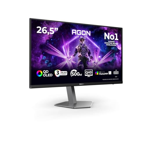AOC AG276QKD2 26.5 Zoll WQHD USB Hub Monitor, 500Hz, QD-OLED Panel, 0.03ms GtG, Adaptive Sync, HDR500 TrueBlack, G-Sync Comp., Höhenverstellung,Lautsprecher,(2560x1440 HDMI 2X 2.1 DP 1x 2.1) Schwarz