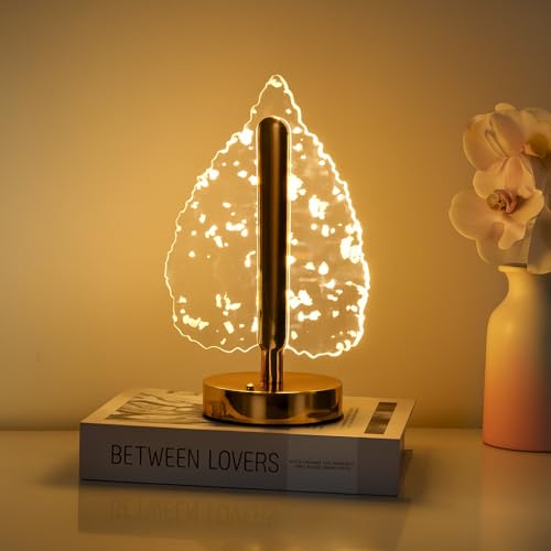 Image of One94Store 3D Leaves Gold LED Night Lamp with Gold Base, Touch Control Cordless Decorative Table Light - 3 Color Modes, Modern Bedside Lamp for Bedroom, Living Room & Home Decor (Plastic Body)