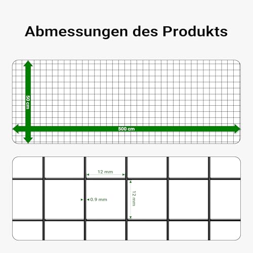 Wiltec Maschendrahtzaun Schwarz 50 cm x 5 m, 0,9 mm Stärke 12x12 mm Maschengröße, Volierendraht 4-Eck aus Stahl verzinkt, Drahtgitter, Vogeldraht