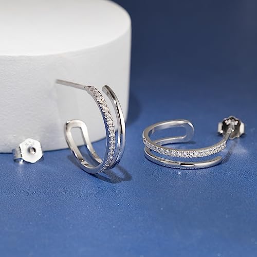 925 Sterling Silver 18K Gold Plated Faux Double Hoop Hidden Stud Earrings with Cubic Zirconia, Nickle Free Hypoallergenic for Sensitive Skin2