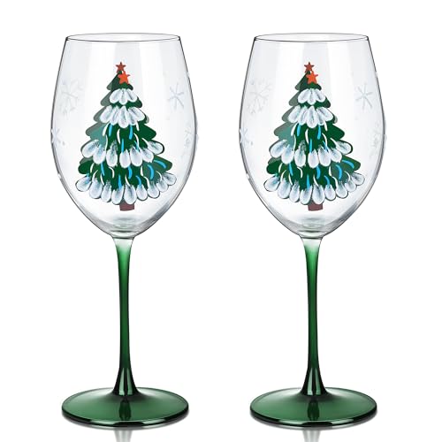 Joeyan 580 ml copos de vinho tinta de Natal com haste, conjunto de 2 copos de vidro com design pintado à mão com padrão de árvore de Natal verde e flocos de neve, louças para festas e presentes