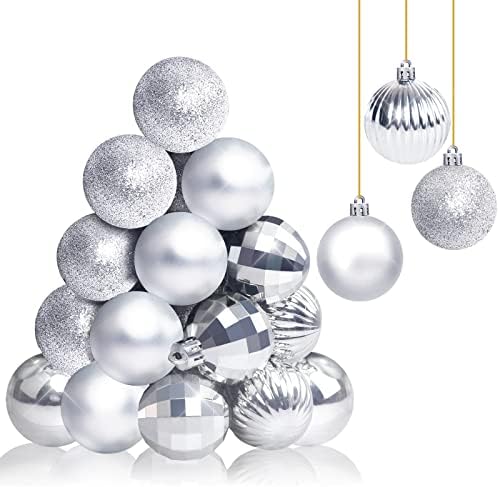 Christmas Baubles 34 PC, Shatterproof Plastic Baubles with Cord, Christmas Tree Baubles for Christmas Tree, Party, Home Decoration-Silver Baubles
