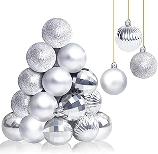 Christmas Baubles 34 PC, Shatterproof Plastic Baubles with Cord, Christmas Tree Baubles for Christmas Tree, Party, Home Decoration-Silver Baubles