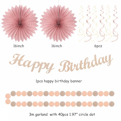 Image of Blush-Pink Rose-Gold Fall Birthday Party-Decorations - 21pcs Boho Happy Banner Sign,Women Paper Lanterns Honeycomb,One Sweet Peach Streamers Garland,Girl Tissue Pom Poms Flowers Fans Decor Burgleda