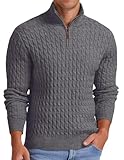 Askdeer Men's Quarter Zip Pullover Sweater Cable Knit Mock Neck Polo Sweater Classic Soft Casual Sweater with Ribbing Edge Dark Gray
