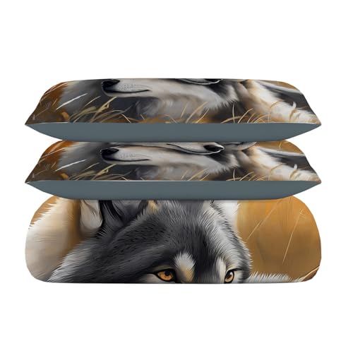 Parure de lit loup gris aquarelle King Size housse de couette microfibre 3 pièces - 6