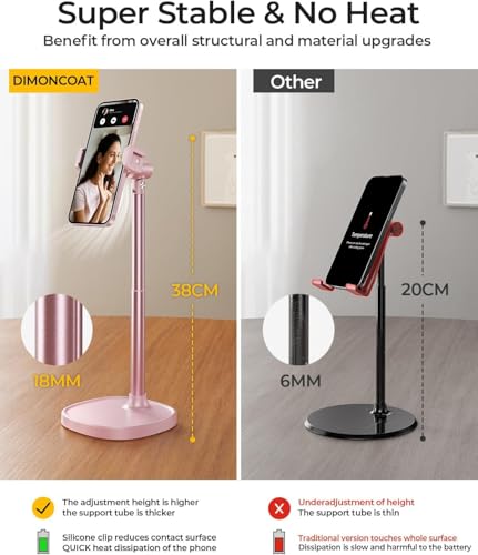 Image of DIMONCOAT Cell Phone Stand for Desk, Stocking Stuffers Gifts for Teens Girls Boys Adults,Phone Holder Angle Height Adjustable, Aluminum Alloy Universal iPhone Stand for iPhone 17 16 15 Pro Max -Pink
