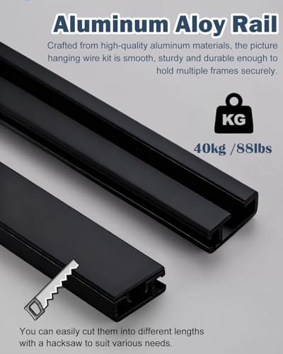 Black Gallery Picture Rail Hanging System - Custom Length Art Frame Hardware Kit with Steel Cables (2m/6.6' Cable, 36"/91cm Track) for Exhibitions & Museums