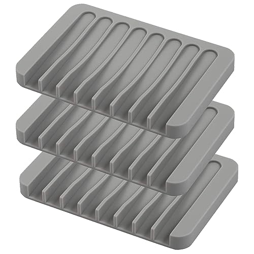 Self Draining Soap Dishes, 3 Pcs Silicone Soap Saver, Waterfall Drainer Soap Holder for Bathroom, Extend Soap Life, Keep Soap Bars Dry Clean & Easy Cleaning (Gray)