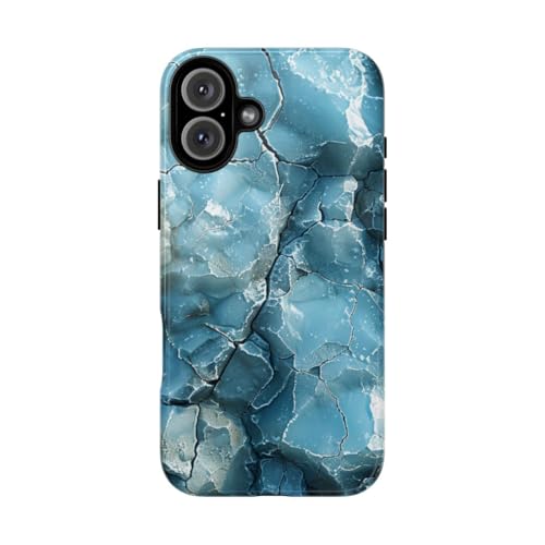 Coque rigide brillante iPhone 16 Plus bleu motif fractal ice texture et grunge