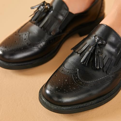 Image of BEAU TODAY Tassel Loafers for Women,Leather Brogue Dress Shoes,Wingtips Oxford for Women,Breathable Comfortable Slip-on Lace-up Handmade Flat Shoes for Business Work