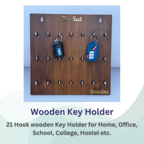 Image of Wooden Key Holder for Wall with 21 Hooks | Premium Wall Hanging Key Organizer | MDF Key Chain Holder for Home, Office, Kitchen, Hostel, Hotel, PG (Brown Finish)
