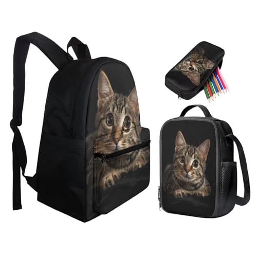 HUGS IDEA Mochila escolar preta de gato fofo para mulheres, meninas, estudantes do ensino médio, bol