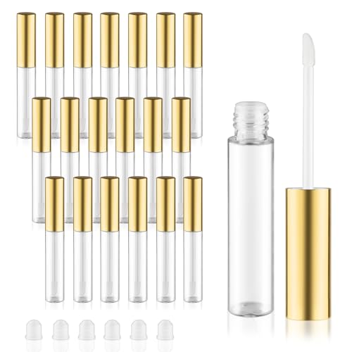 Mirrline 20 Pcs 10ml/0.34oz Lip Gloss Tube Plastic Clear Lip Balm Bottle Empty Refillable Lipstick Container for Lip Gloss Samples Travel - Gold