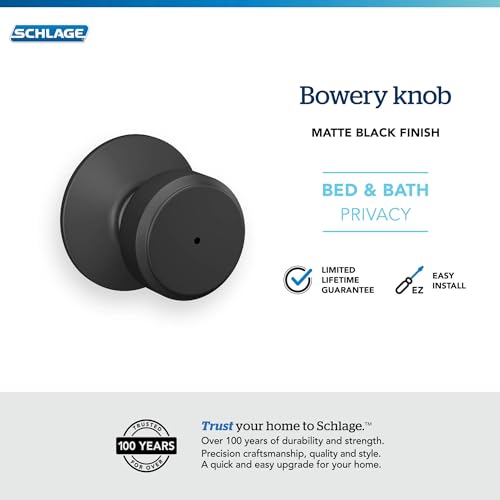 Image of Schlage F40 BWE 622 Bowery Door Knob, Bed & Bath Privacy Lock, Matte Black