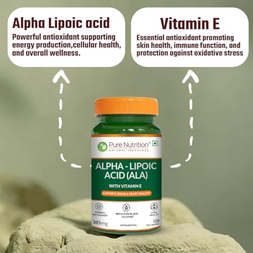 Image of Pure Nutrition Alpha Lipoic Acid (ALA) 300mg with Vitamin E | Powerful ALA Supplement Antioxidant for Nerve & Heart Health | Supports Healthy Blood Sugar, Energy Metabolism & Cellular Protection - 120 Veg Capsules