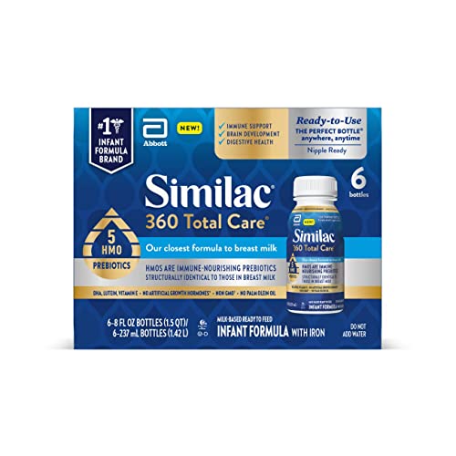 Similac 360 Total Care Infant Formula, with 5 HMO Prebiotics, Our Closest Formula to Breast Milk, Non-GMO, Baby Formula, Ready-to-Feed, 8-fl-oz Bottle (Case of 6)