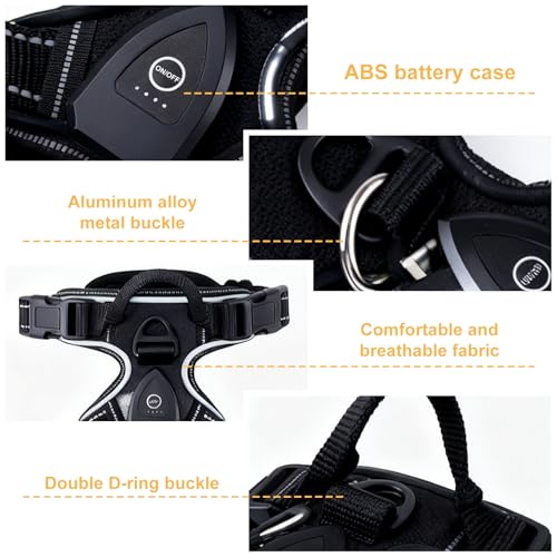 Hundegeschirr Leuchtend, LED Hundegeschirr Aufladbar mit Griff, Leuchtgeschirr LED Verstellbar, 7 Farben Leucht Brustgeschirr Anti Zug Atmungsaktivität & Komfort für Hunden 7.5-17.5kg(Schwarz, M)