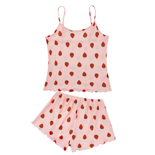 American Trends Cute Pajamas for Women Strawberry Print Cami Top and Shorts Pj Set Two Piece Pajama Set Sleepwear Sleep Set