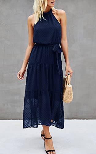 Image of PRETTYGARDEN Women's Halter Neck Floral Long Maxi Dress Casual Sleeveless Backless Dresses Loose Ruffle Sundress with Belt