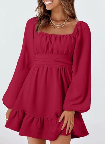 Image of Dokotoo Womens Dress Long Lantern Sleeve Square Neck Tie Backless Sexy Dress Ruffle Elastic Waist A-Line Mini Dress