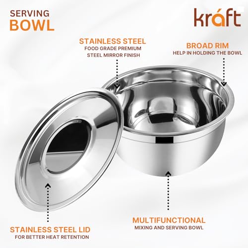 Image of Vinod Kraft Stainless Steel Serving Bowl with Lid Set of 4 pcs - 18cm | Mixing Steel Big Bowl | Salad, Fruit, Desert, katori Set | Matt Finish, Food Grade | 2 Year Warranty - Silver