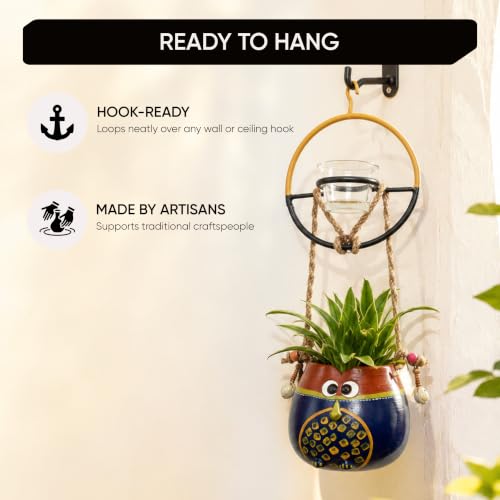 Image of AAKRITI ART CREATIONS Terracotta Hanging Planter with Metal Bird Feeder | Blue & Brown Earthen Design, Modern Art, Matte Finish | Decorative Hanging Pot for Indoor & Outdoor Home Decor