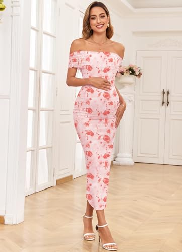 Maternity Mesh Split Dress Off The Shoulder Ruched Bodycon Pregnancy Dresses Baby Shower Photoshoot, Without Belt3