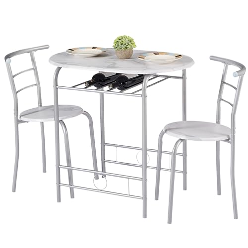 VECELO Juego de mesa de comedor de 3 piezas para cocina, rincón de desayuno, mesa ovalada de mármol sintético y marco de metal con estante de vino integrado, para espacios pequeños, blanco y plateado
