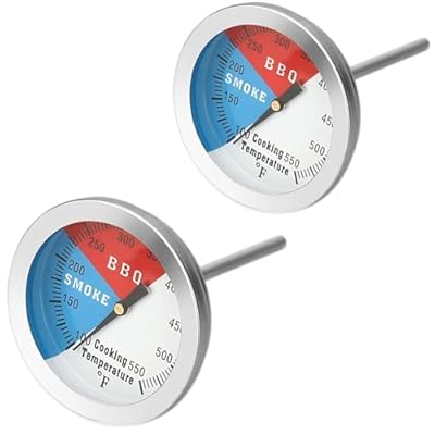 BBQ Smoker Thermometer, 2-Inch Dial Temperature Gauge with Fahrenheit and Heat Indicator, Stainless Steel Probe, 2-Pack, 550°F Range, Waterproof