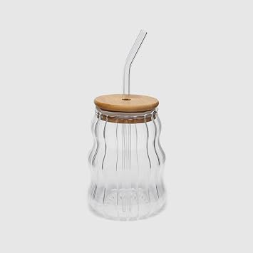 500ml Bambu Kapaklı Cam Bardak, Cam Pipetli Silikon Kapak Contalı Desenli Sıcak Soğuk İçecekler Kahve Meyve Suları ve Çayları için Şık Ergonamik Tasarım